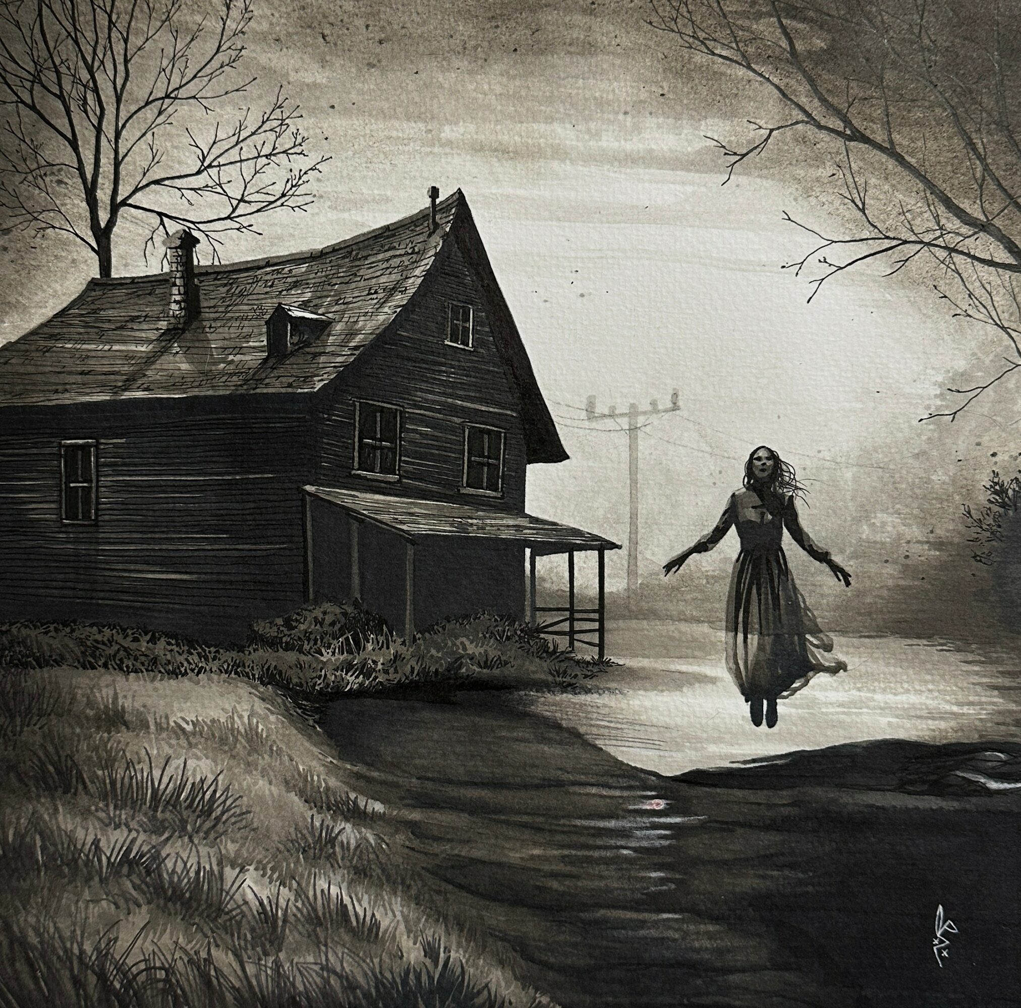A woman in a long dress floats near a dark, old house with leafless trees and a foggy background.