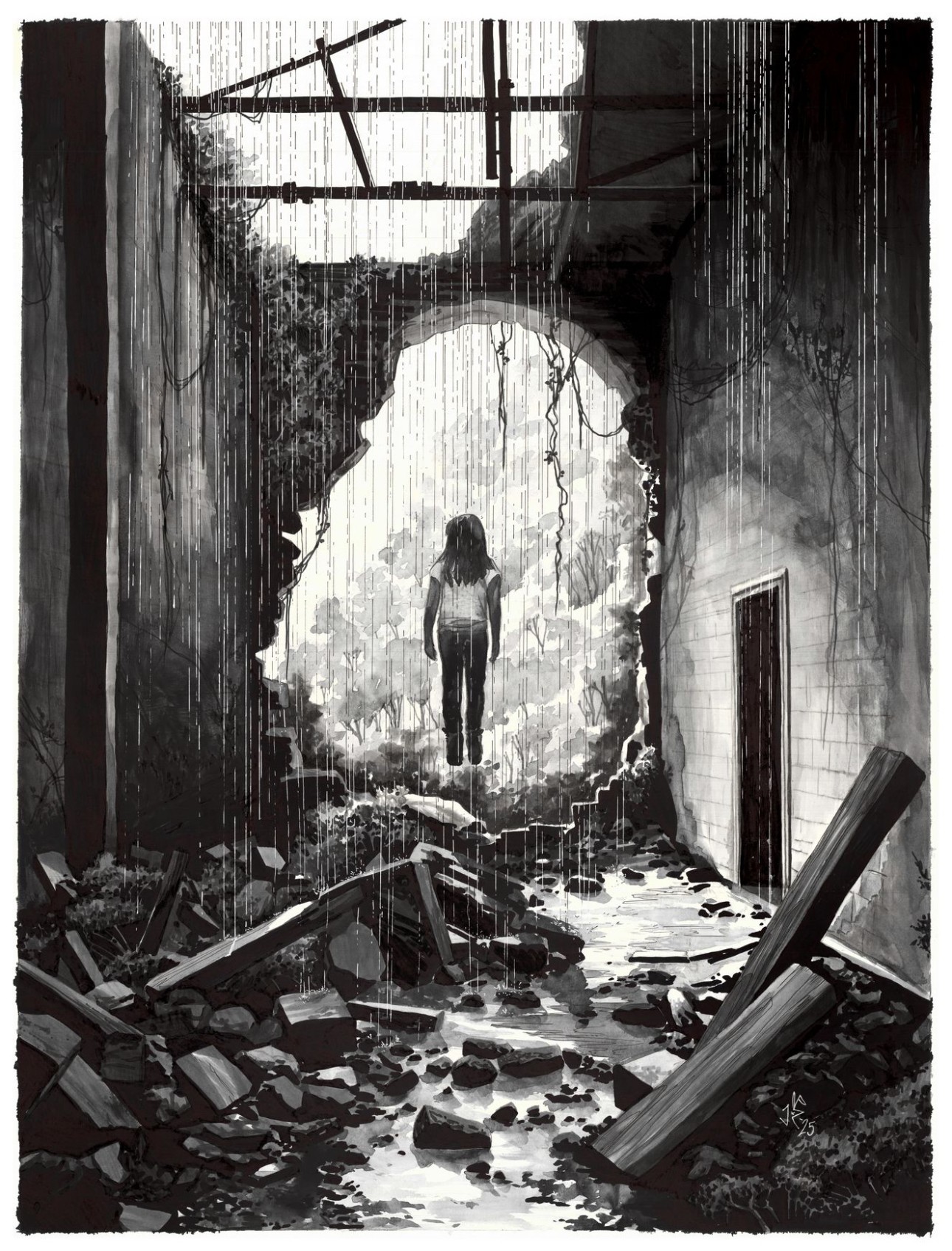 Person standing in a ruined, debris-filled building with a large hole in the wall, light shining through the opening.