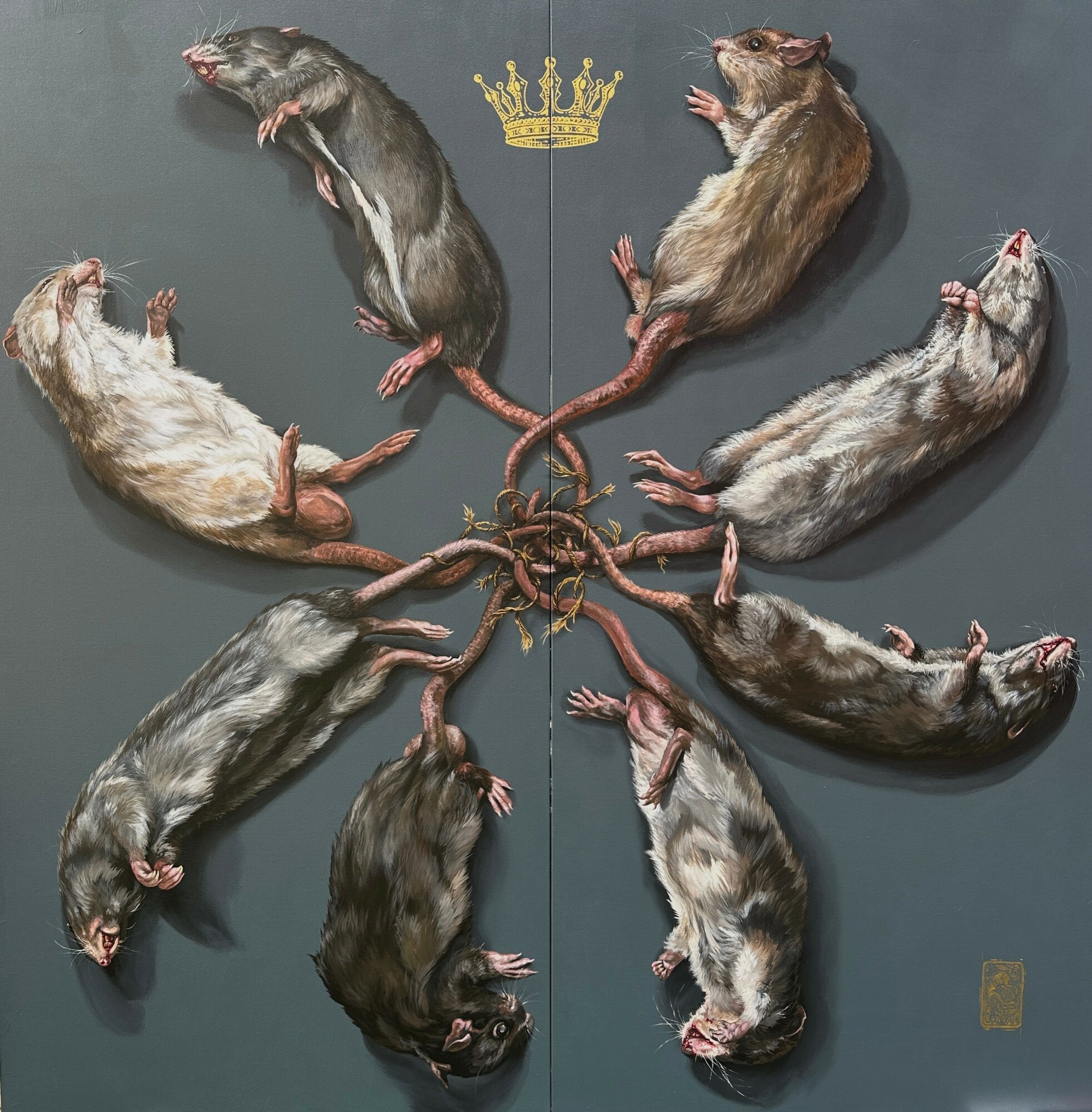 Six rats arranged in a circle with a gold crown above, connected by their tails, on a dark background.