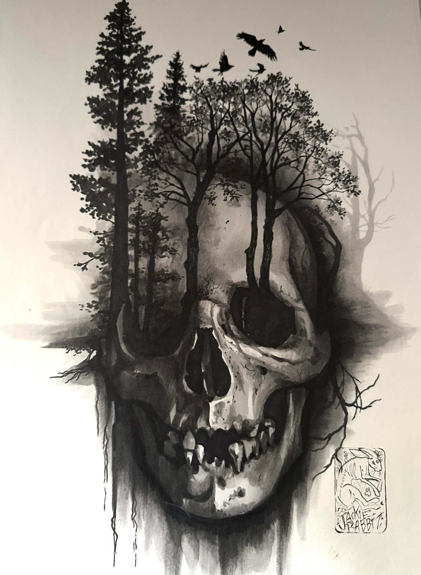 A skull with trees growing from it, birds flying above, and a signature in the bottom right corner.