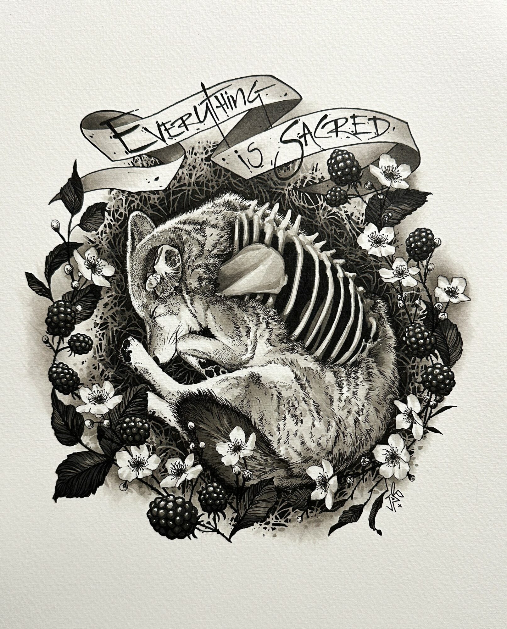 A detailed black and white illustration of a sleeping cat surrounded by flowers and berries, with a banner reading 'Everything is sacred.'