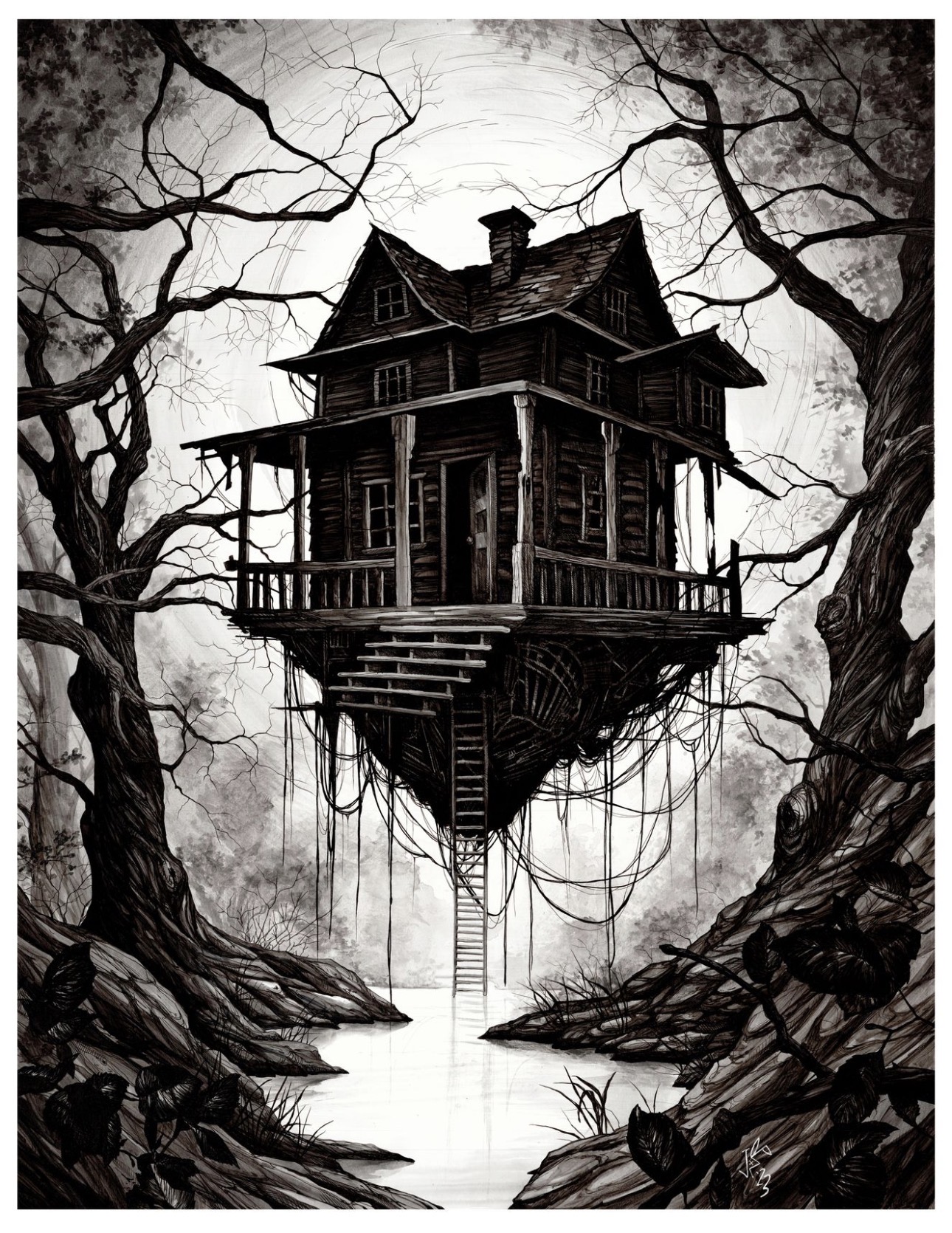A haunted house on a floating island surrounded by leafless trees and a dark, cloudy sky.