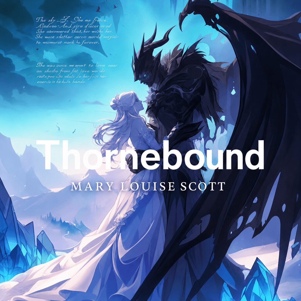 A fantasy scene with a woman in a flowing dress and a dark dragon against a moonlit sky, icy landscape.