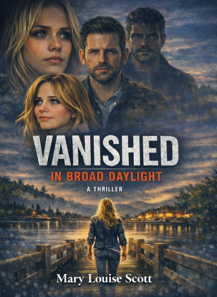 Four people face forward in a cloudy sky, with a woman walking on a bridge over water at sunset, book title and author.