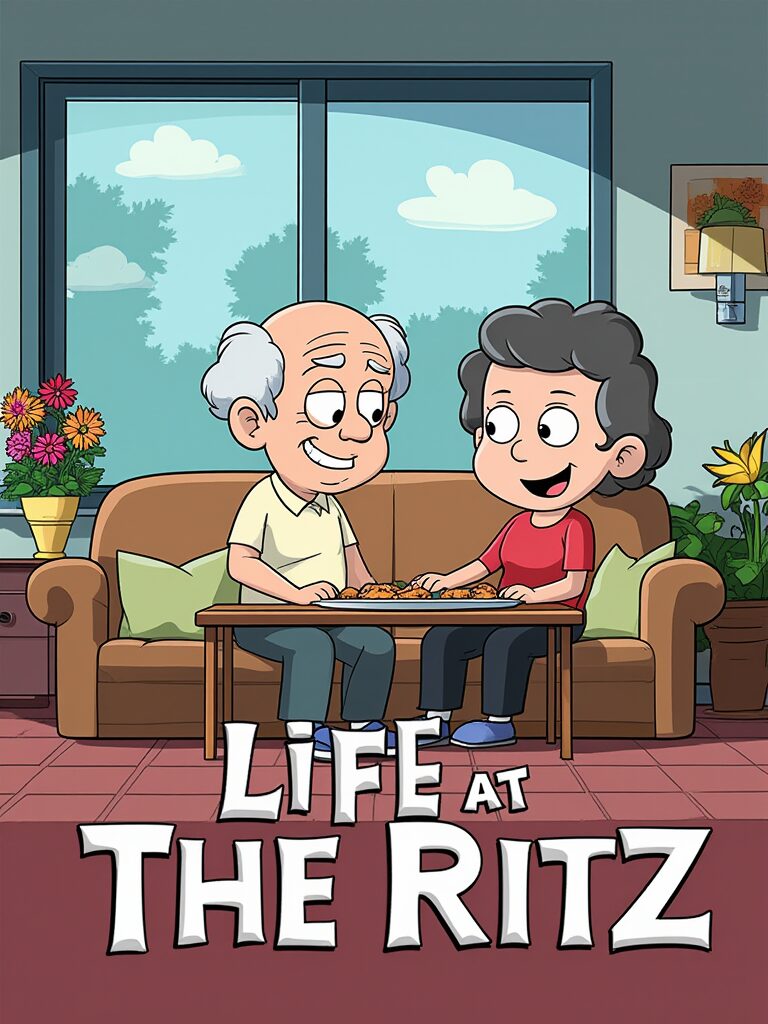 An elderly man and a young girl sit on a sofa playing a game at a table in a living room with large window, plants, and flowers.