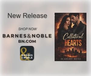 Advertisement for a book titled 'Collateral Hearts' by Scarlet Rose, featuring a couple against a city skyline at sunset.