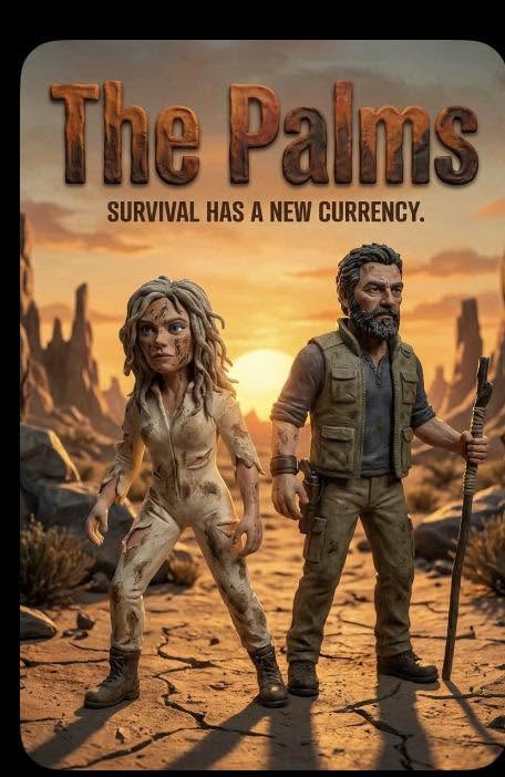 Two people stand in a desert landscape with rocky formations at sunset, holding weapons, with the title 'The Palms' above.