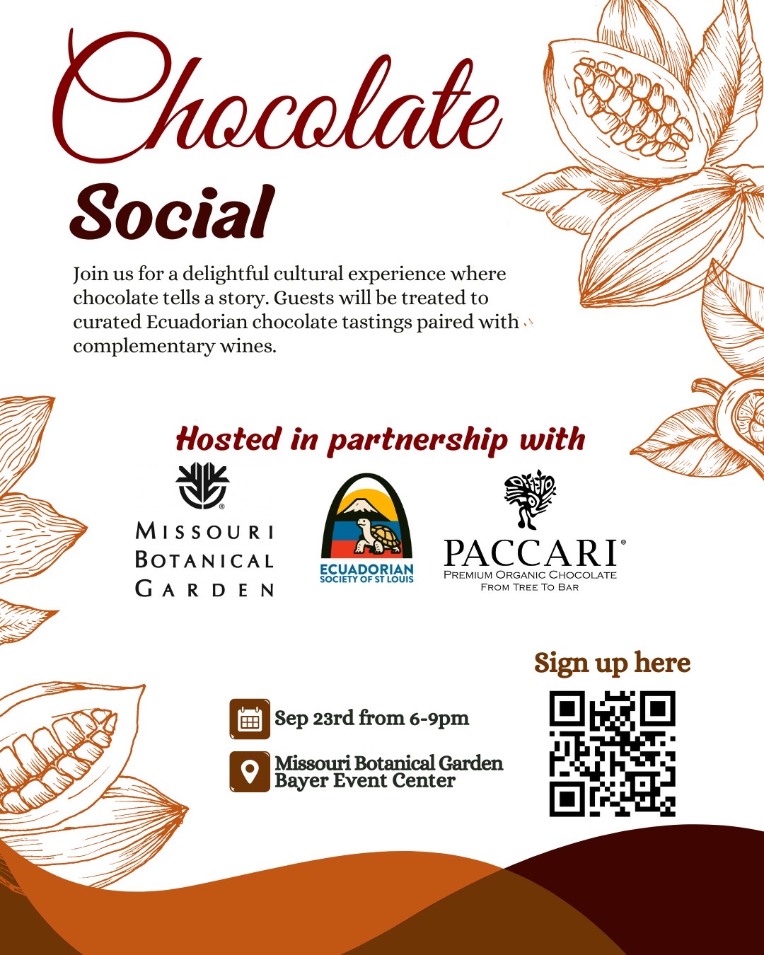 Chocolate social event flyer with floral illustrations, featuring Missouri Botanical Garden, Ecuadorian, and Paccari logos, event details, and a QR code.