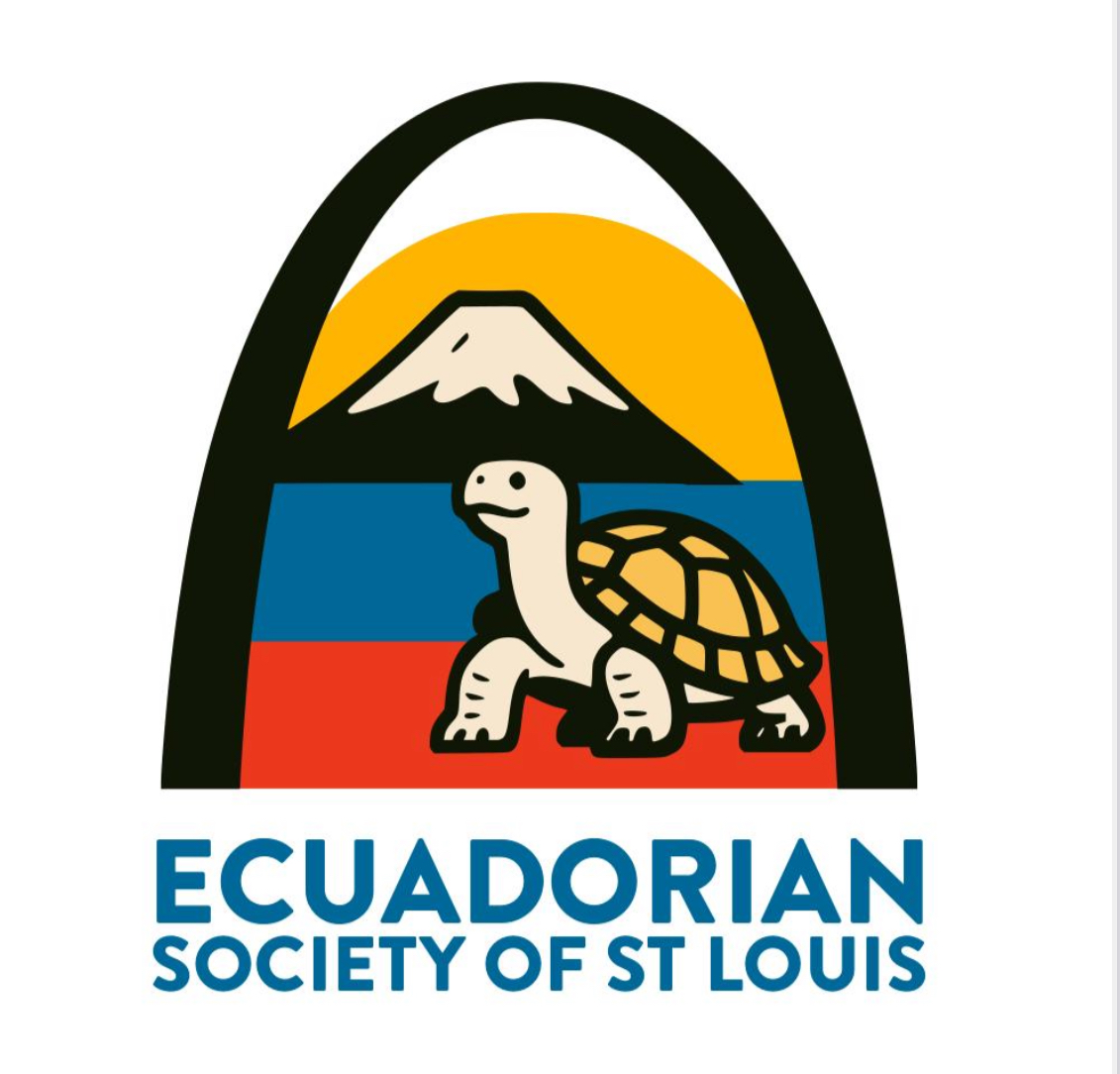 Logo with a mountain, a turtle, and a yellow, blue, and red background, with text below reading 'Ecuadorian Society of St Louis'.