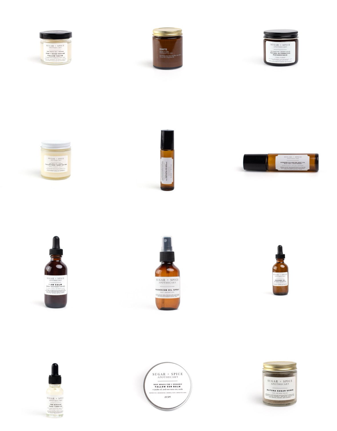 Assorted skincare or cosmetic products in jars and bottles, arranged in three rows, with a white background.