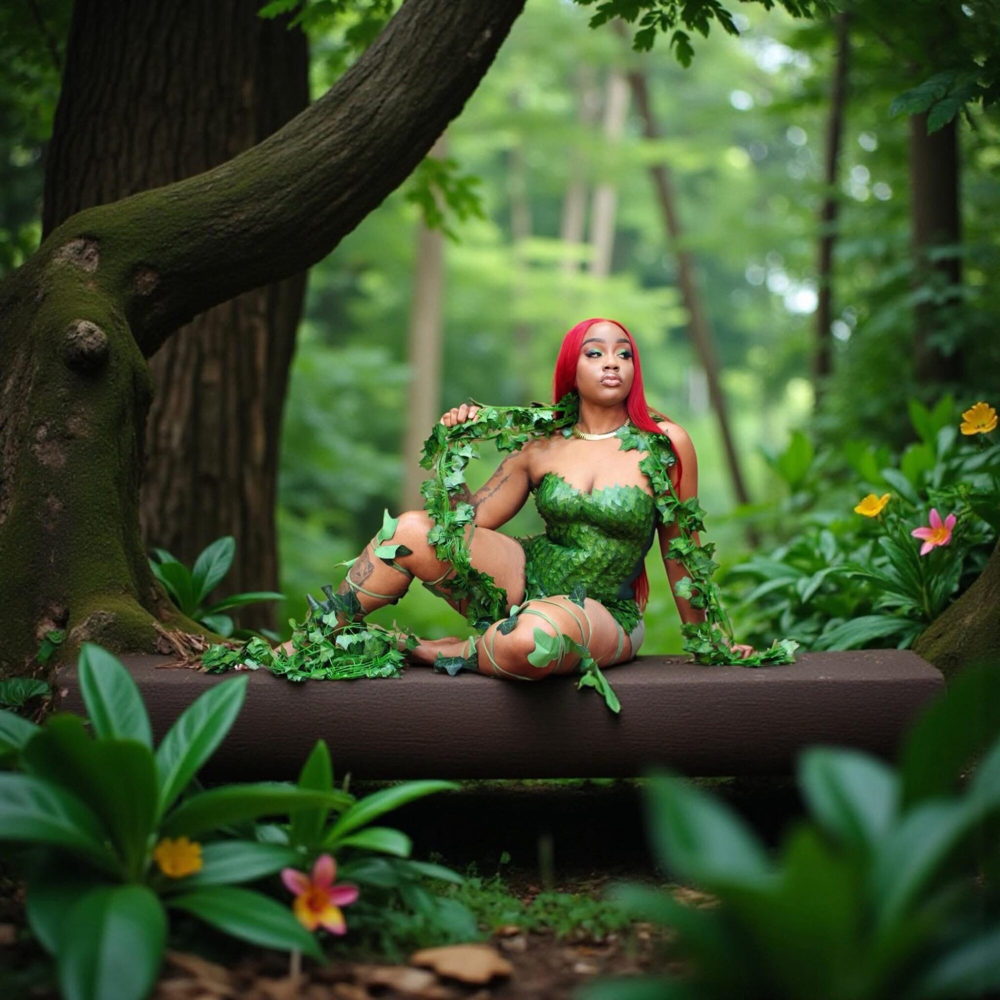Woman with red hair in green costume sitting on a platform in a lush forest, surrounded by plants and flowers.