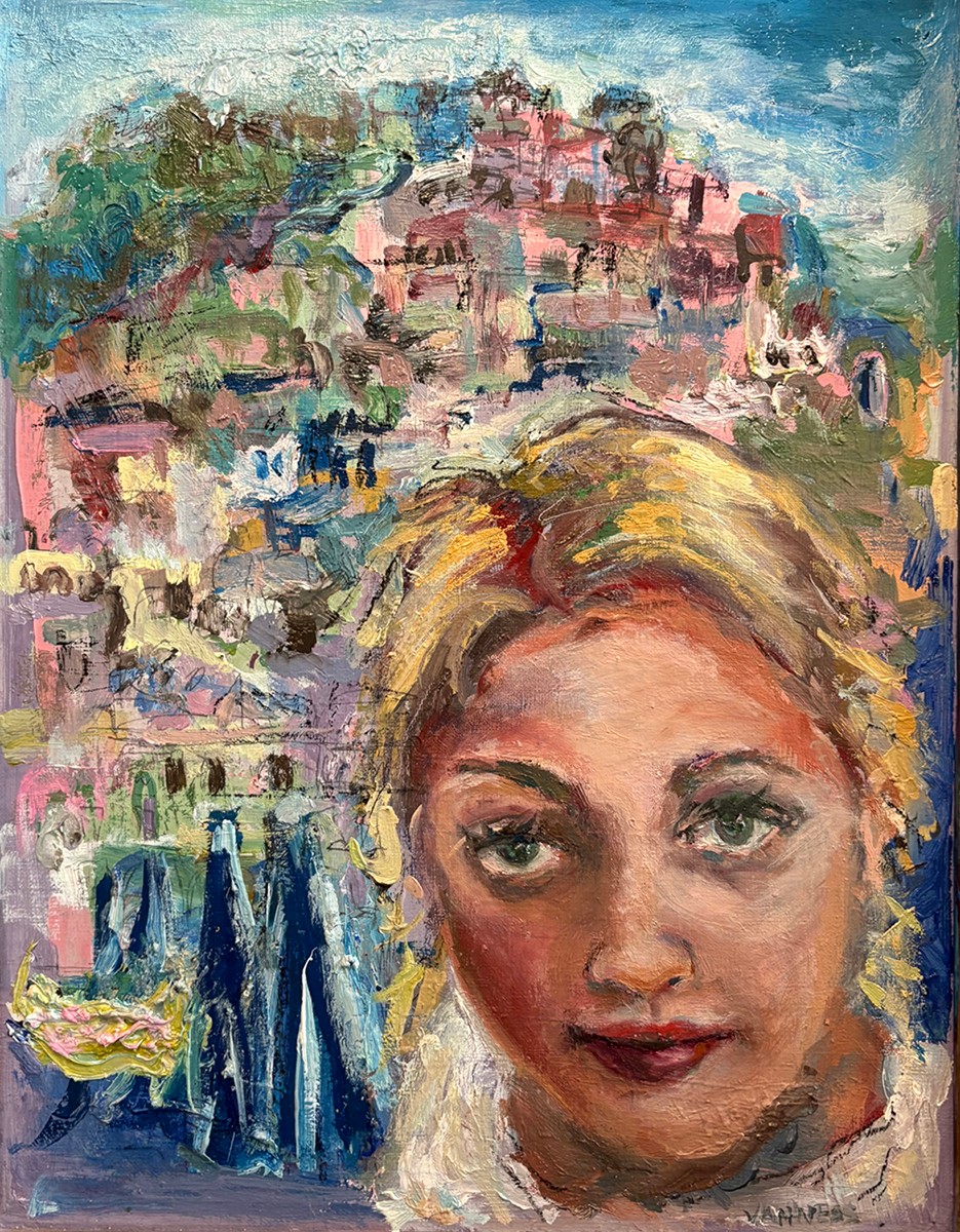 Portrait of a woman with blonde hair and green eyes, painted in a realistic style, with a colorful abstract background.