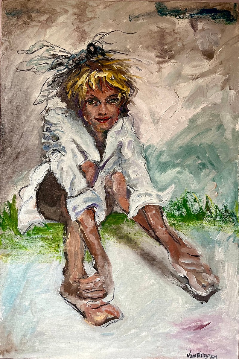 A young girl with blonde hair crouches on the ground, wearing a white shirt and brown shorts, with a cloudy sky background.