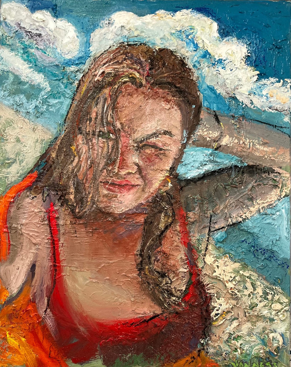 Woman with long hair in a red top at the beach, with clouds and blue sky in background.