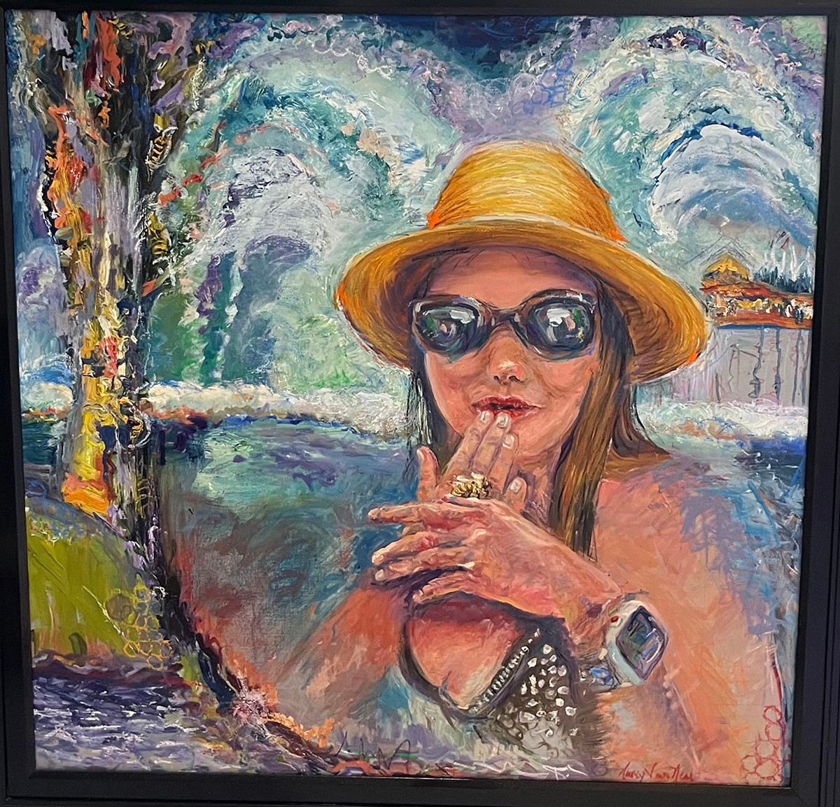 Woman wearing a straw hat and sunglasses, with water and trees in background, touching her lips with fingers, colorful painting.
