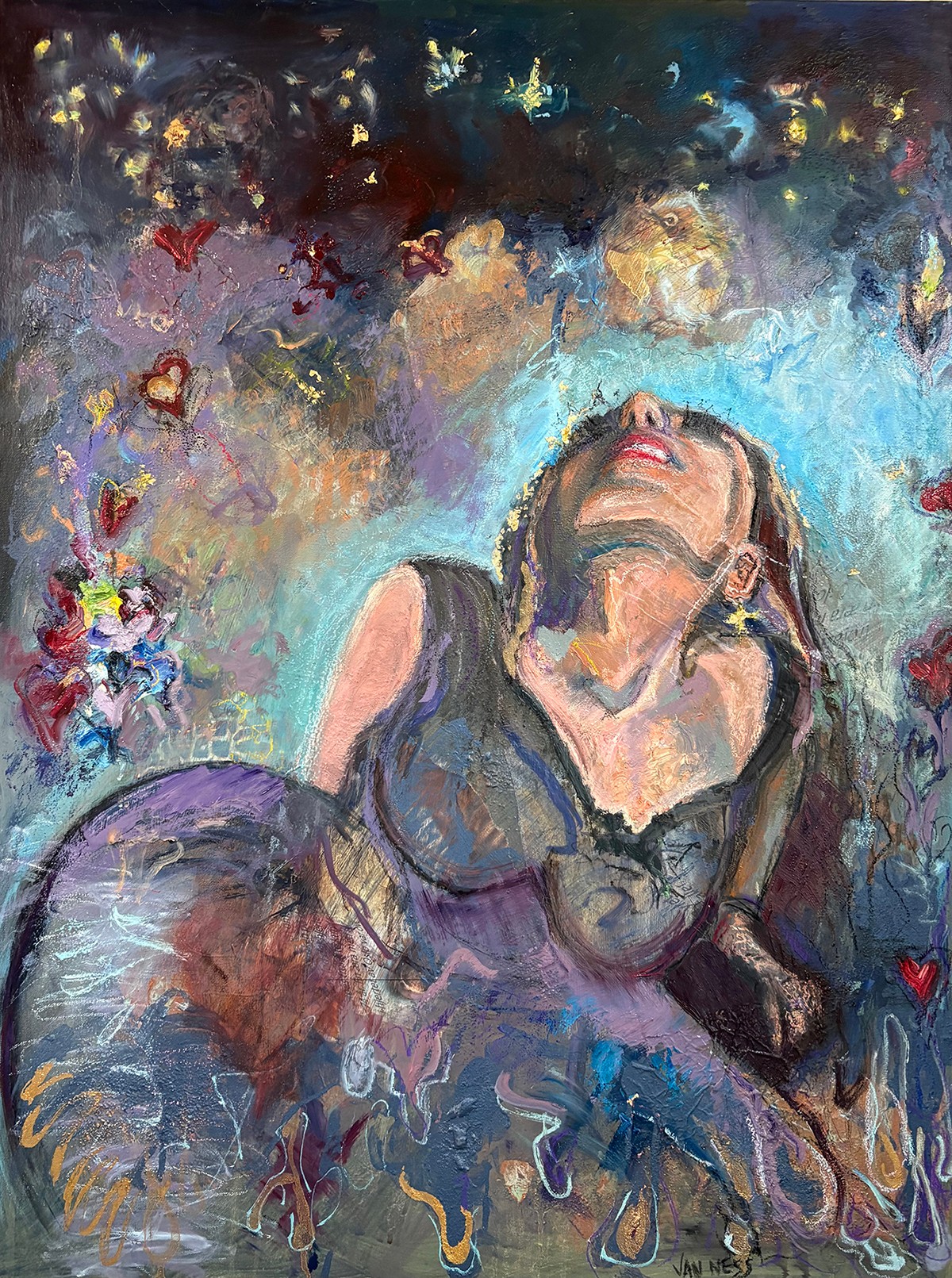 A woman with long hair tilts her head back, surrounded by colorful abstract background with hearts and flowers.