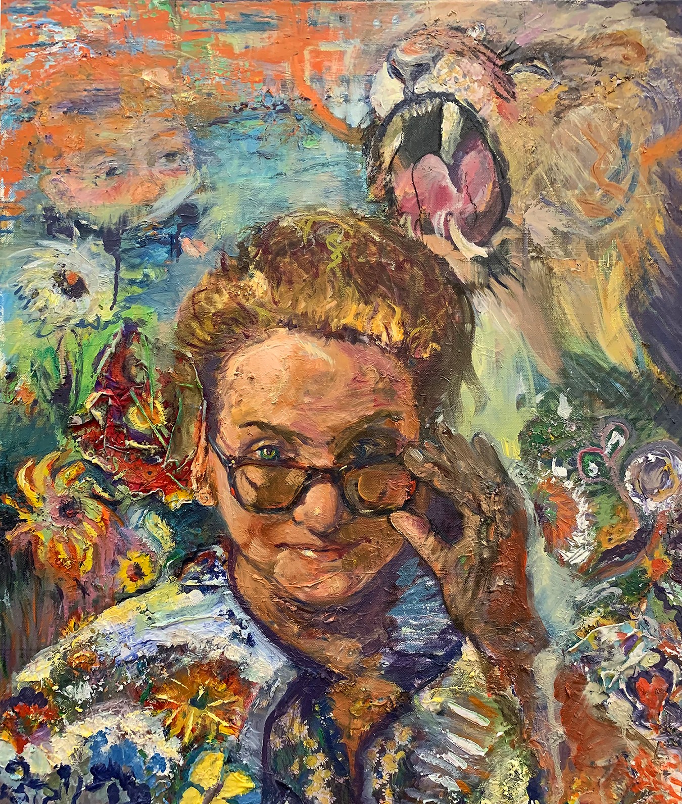 Person with glasses adjusting them, surrounded by colorful abstract animal and nature images, including a lion and a tiger.