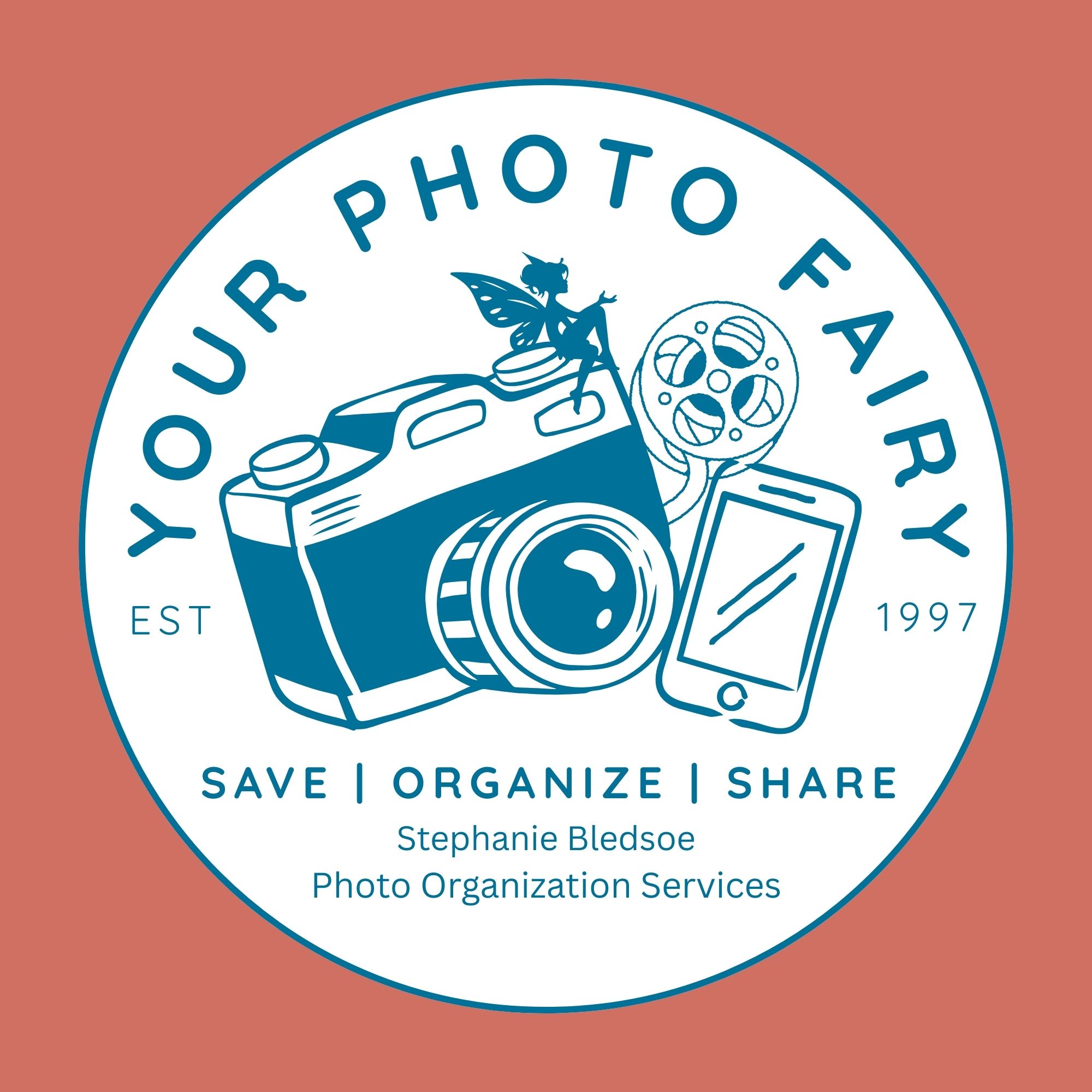 Circular logo with camera, film reel, and phone icons, text about photo organization, and a person with wings, on a reddish background.