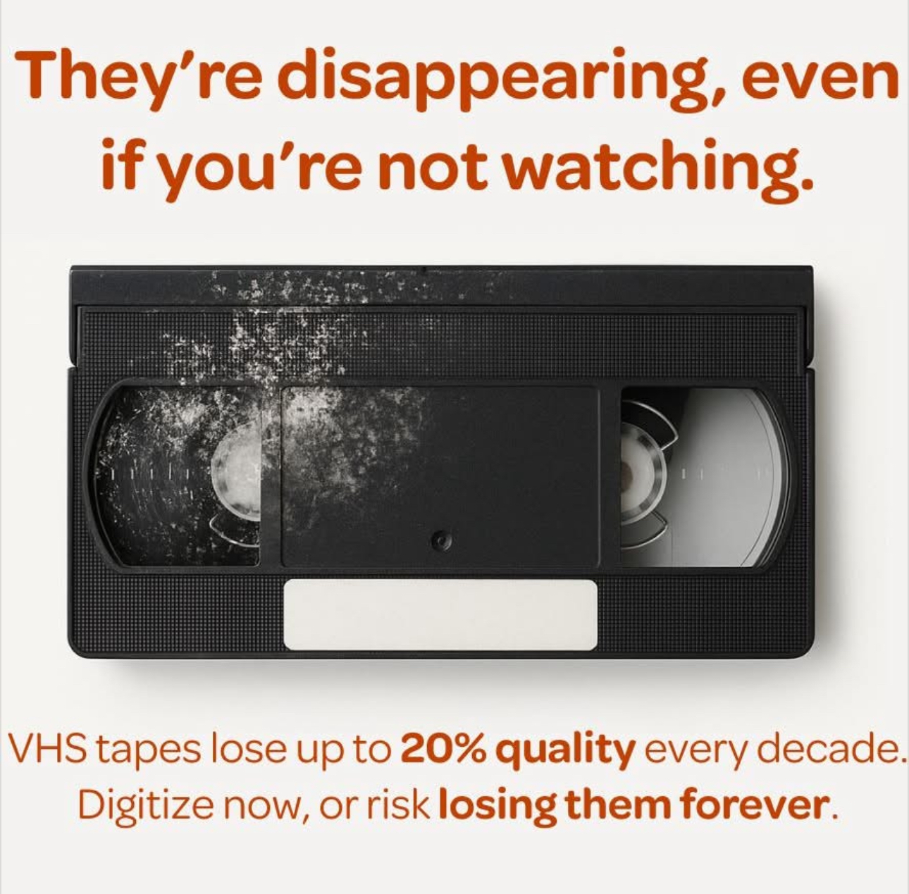 VHS tape with dust and text about VHS tapes losing quality over time. Word count: 20. Confidence: 0.9