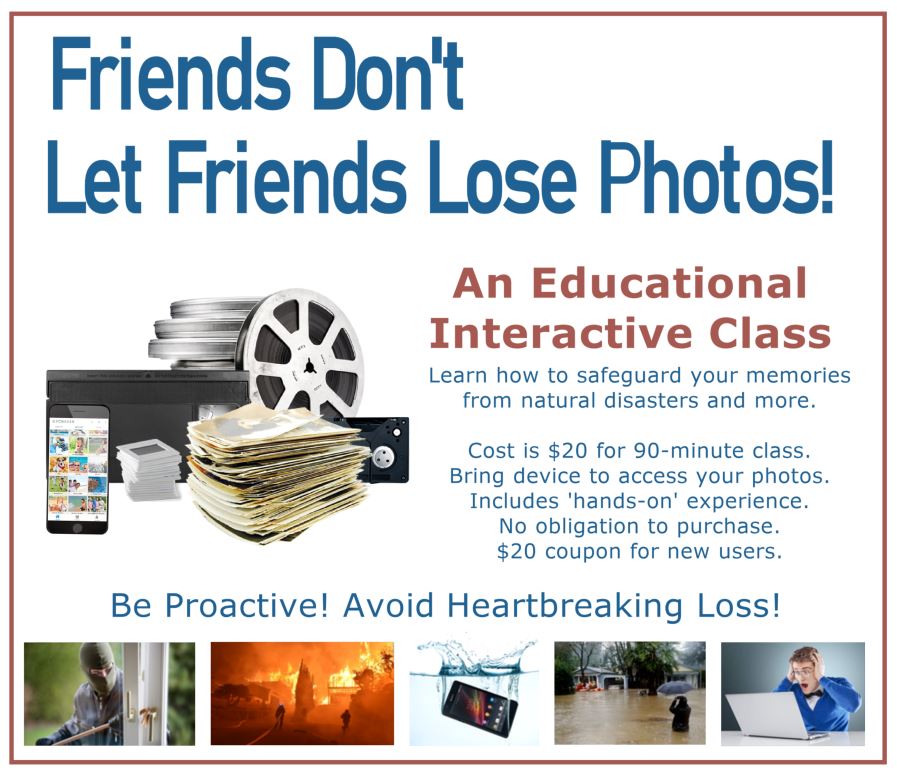 Advertisement for an educational class about safeguarding photos, with images of a film reel, camera, and people using devices.