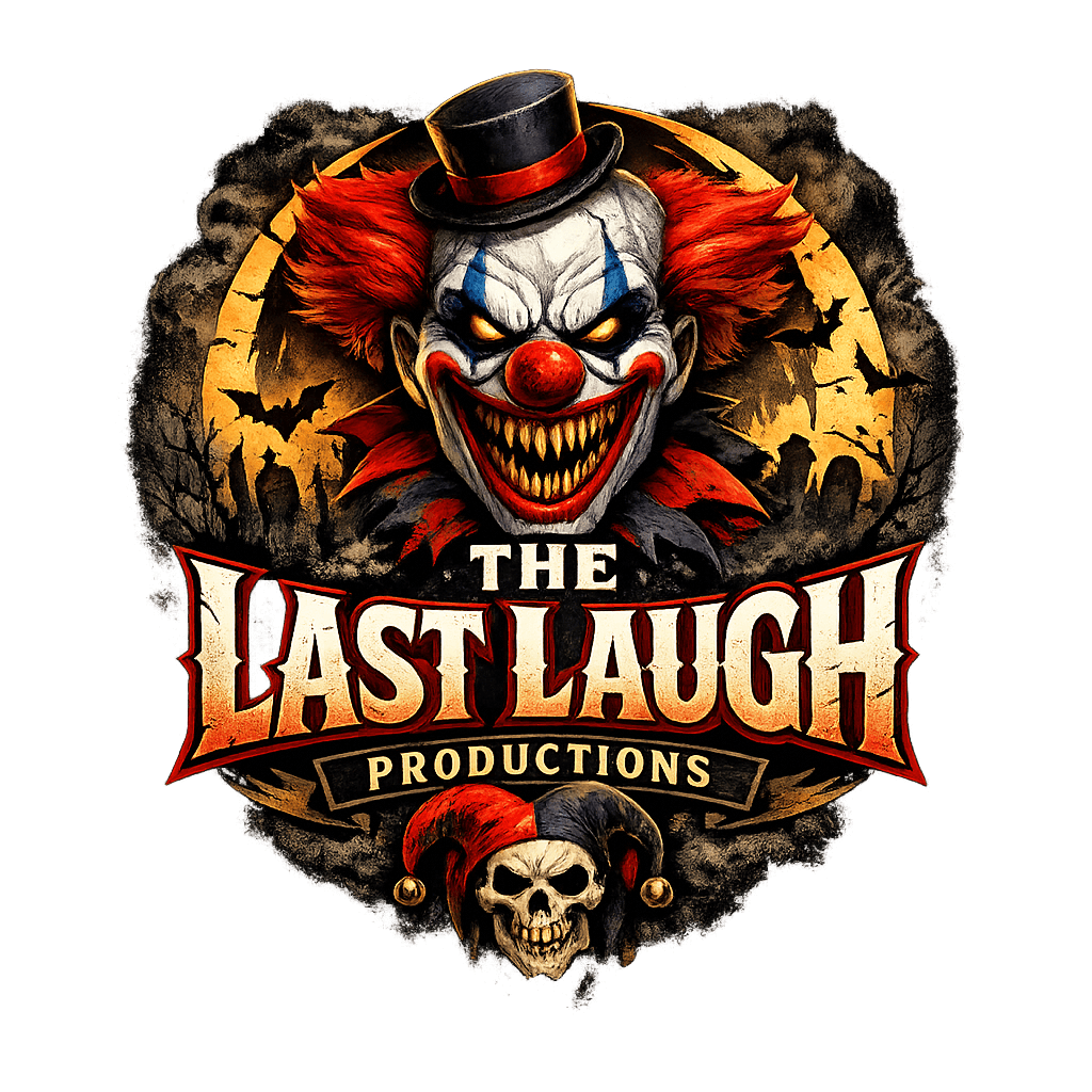 A sinister clown with a top hat, red hair, and a wide, menacing smile, with a skull and dark background.