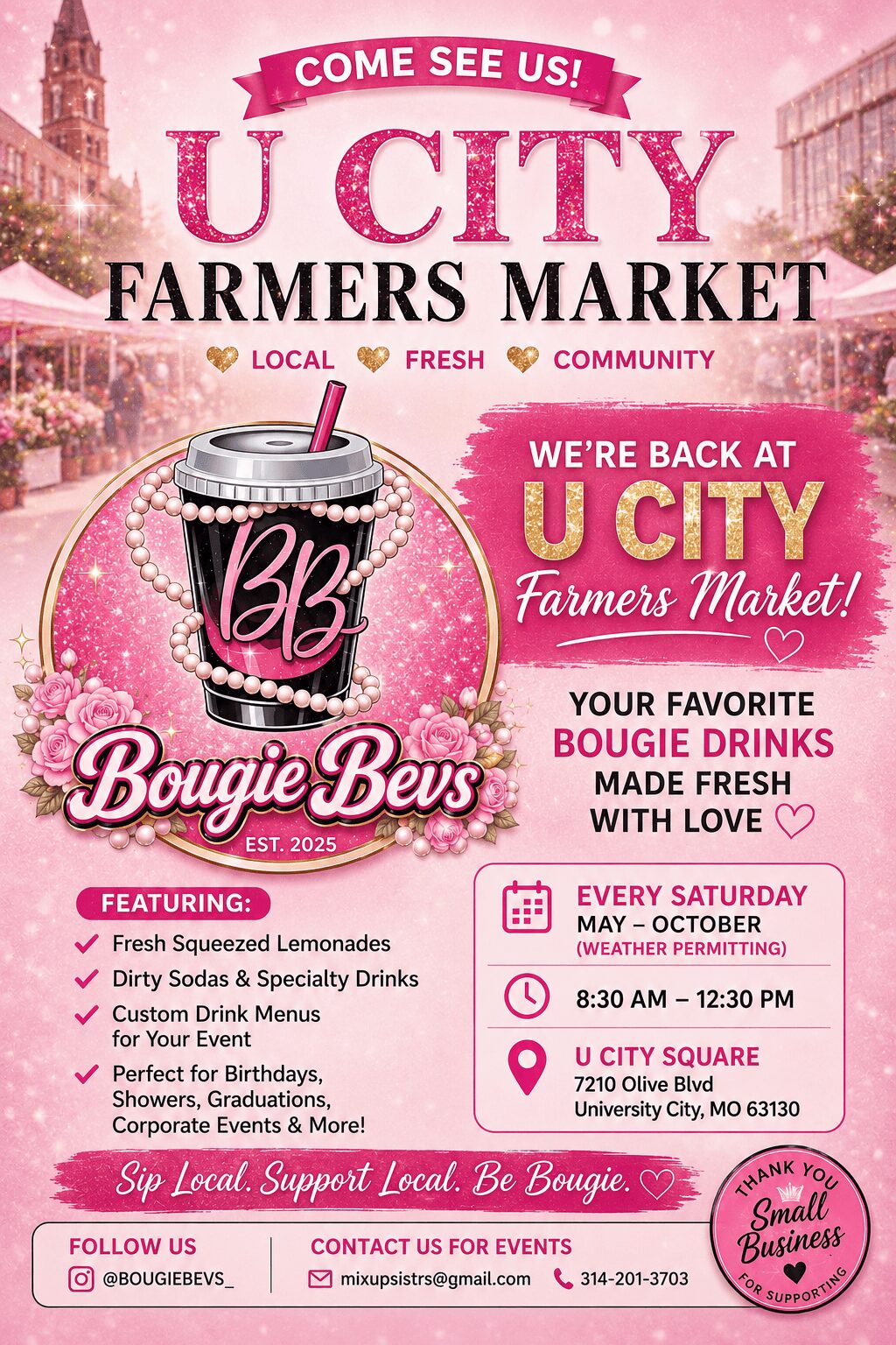 Poster for U City Farmers Market with pink theme, coffee cup, and event details.