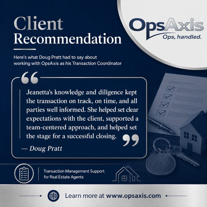 Client recommendation from OpsAxis about Doug Pratt and Jeanetta's knowledge, with a house, keys, and a coin in the background.
