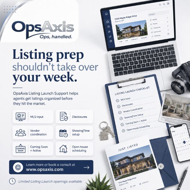 Advertisement for OpsAxis listing preparation service with a laptop, checklist, camera, and house images, promoting organized market listings.
