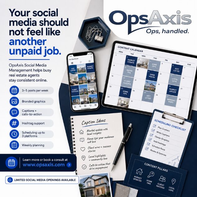 Promotional image for OpsAxis social media management tools, showing a smartphone, calendar, checklist, and branding materials.