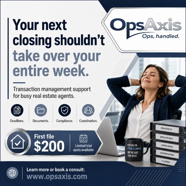 Woman smiling with hands behind head, sitting at desk with stacked folders, promotional poster for OpsAxis, transaction support, website link.
