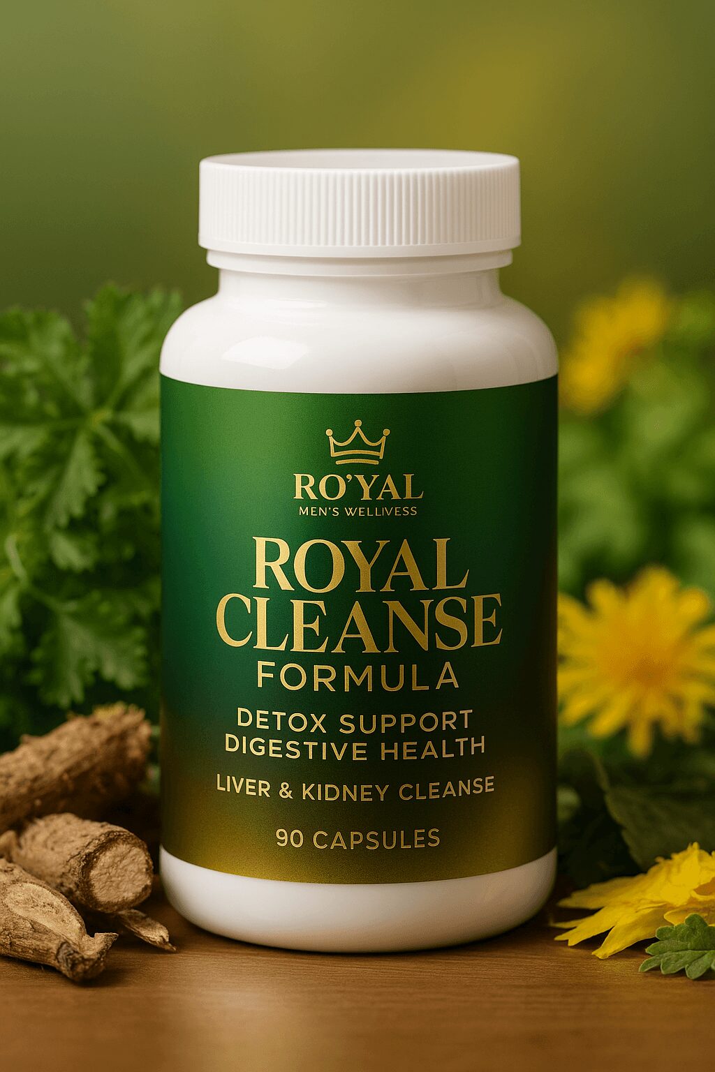 White bottle labeled 'Royal Cleanse Formula' with green and gold design, placed outdoors with green foliage and yellow flowers in background.