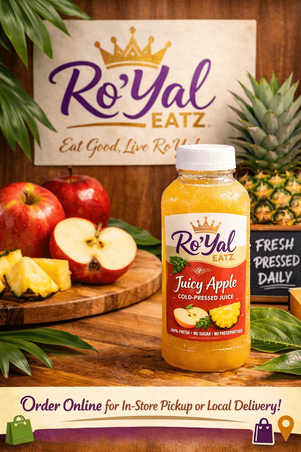 Juice bottle labeled 'RoYal EATZ Juicy Apple' on a wooden table with apples, pineapple, and a sign in the background.