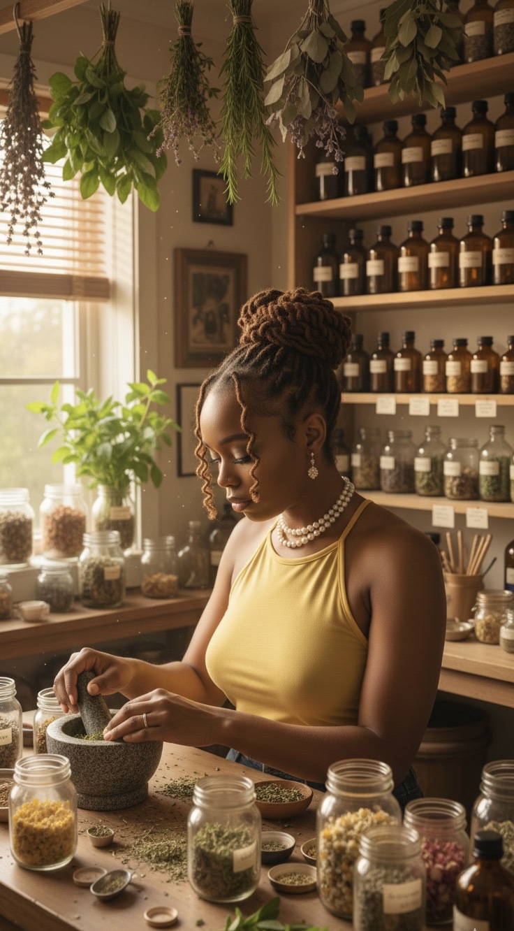 Woman with braided hair and glasses in a yellow dress preparing herbs in a kitchen with shelves of jars.
