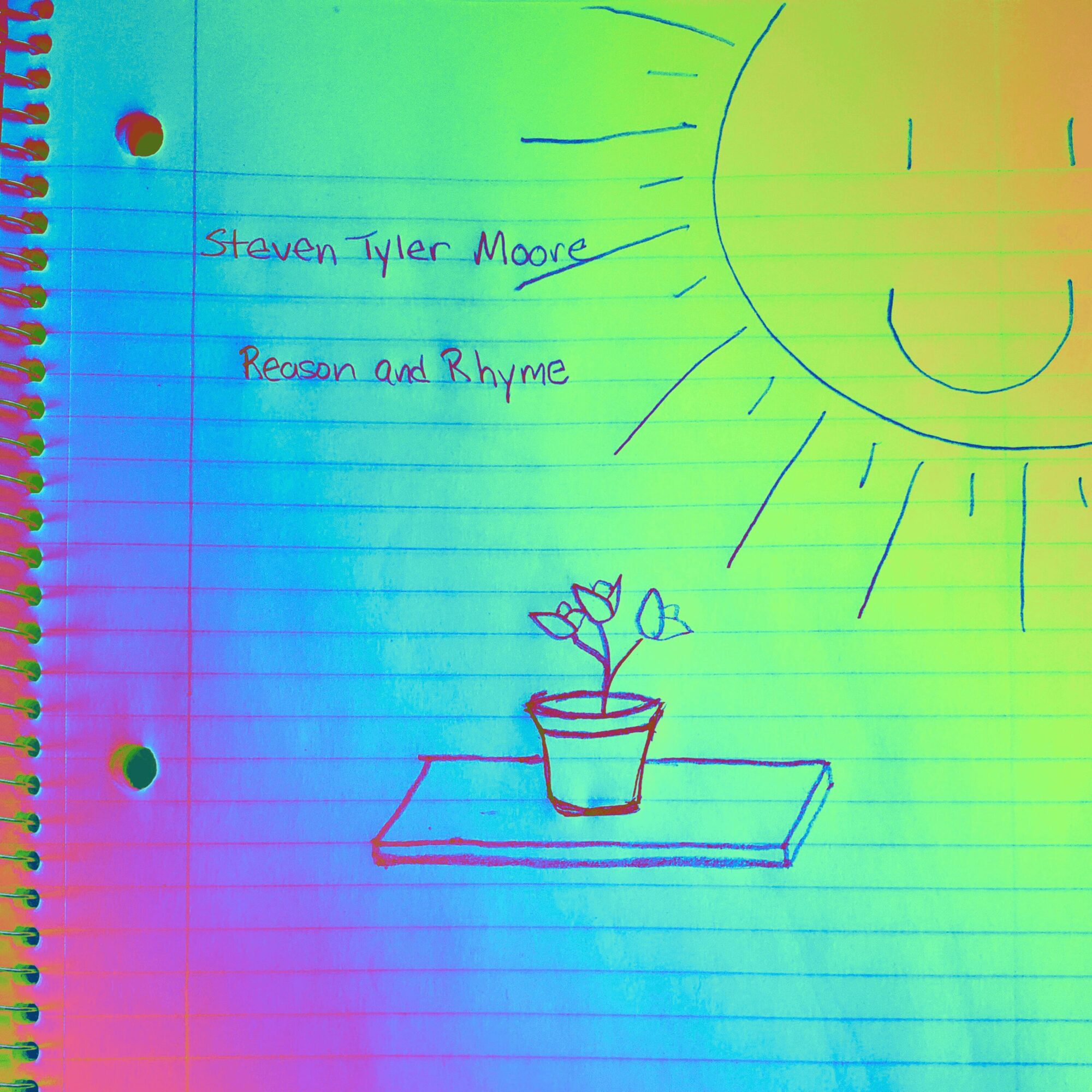 Hand-drawn sun with a smiling face, a potted plant on a table, and handwritten text on rainbow-colored lined paper.