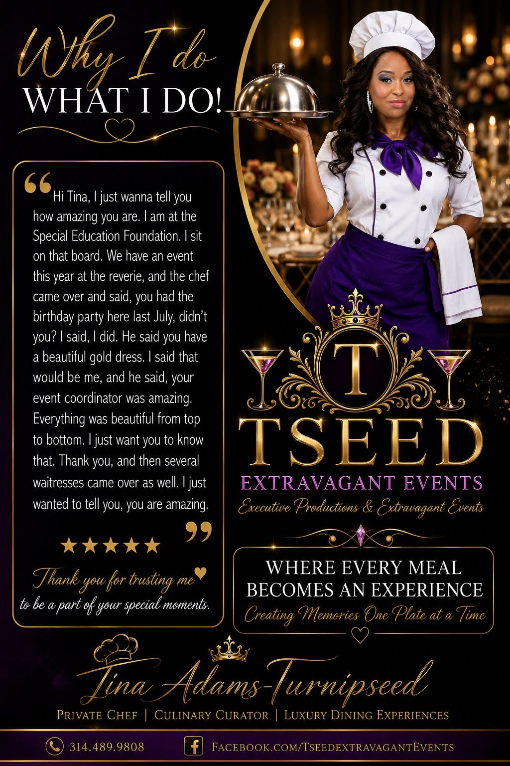 Woman dressed as a chef with a white hat and purple bow, holding a covered dish, standing next to a decorative sign. Text promotes a culinary experience.