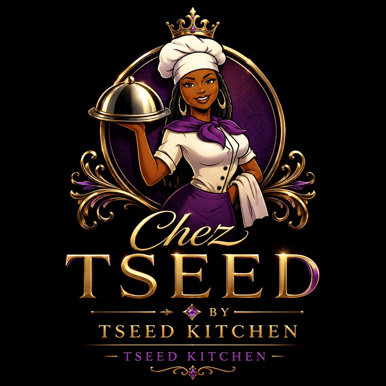 Illustration of a woman wearing a chef's outfit, holding a tray, with a crown and decorative background, and text about TSEED Kitchen.