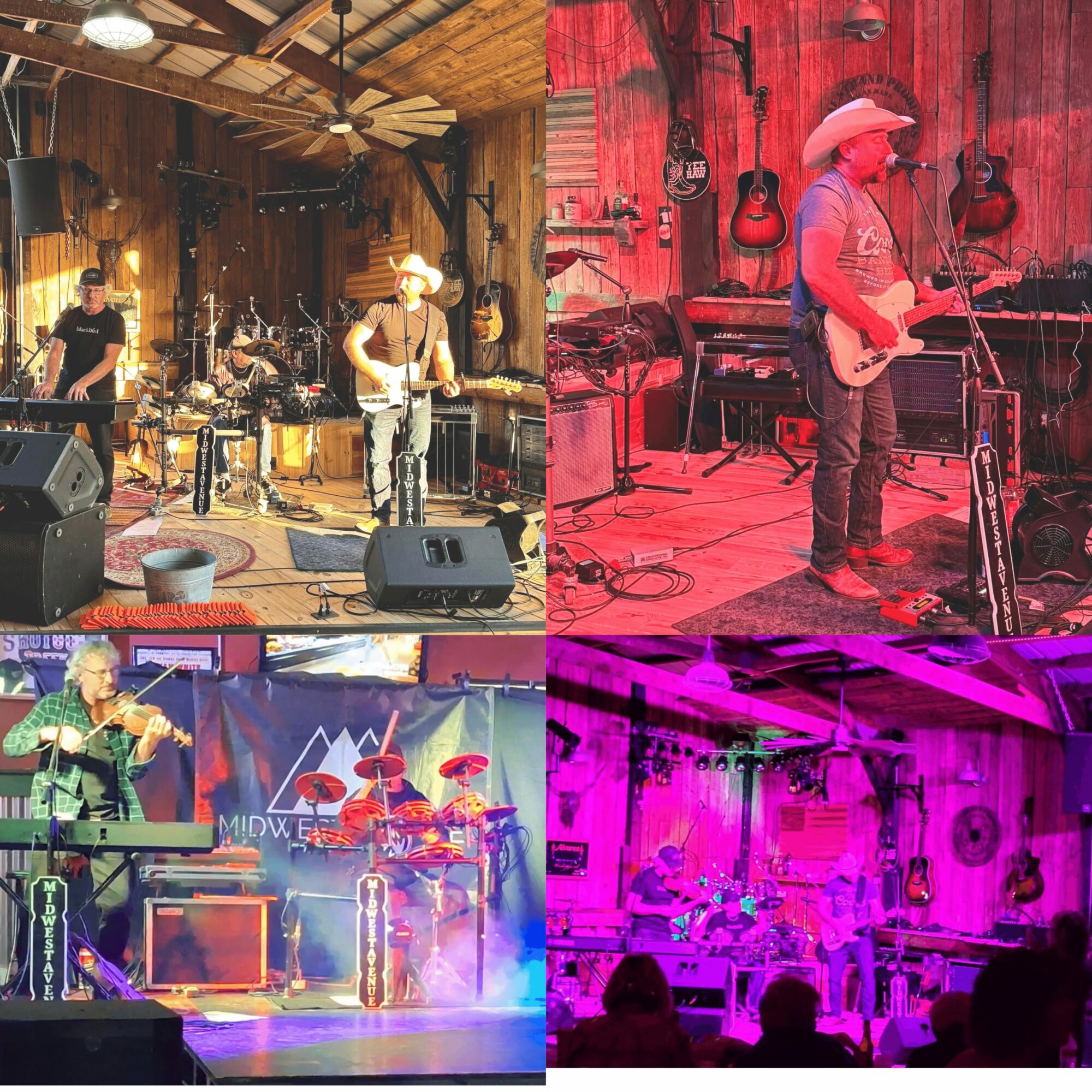 Four images of musicians performing on stage with instruments and colorful lighting, in a rustic venue.