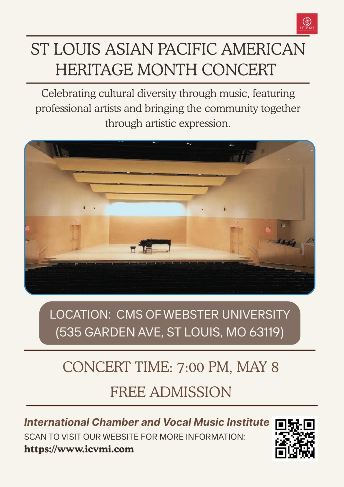 Stage with a piano in a concert hall, empty seats, and a wooden ceiling. Event details and location at Webster University.