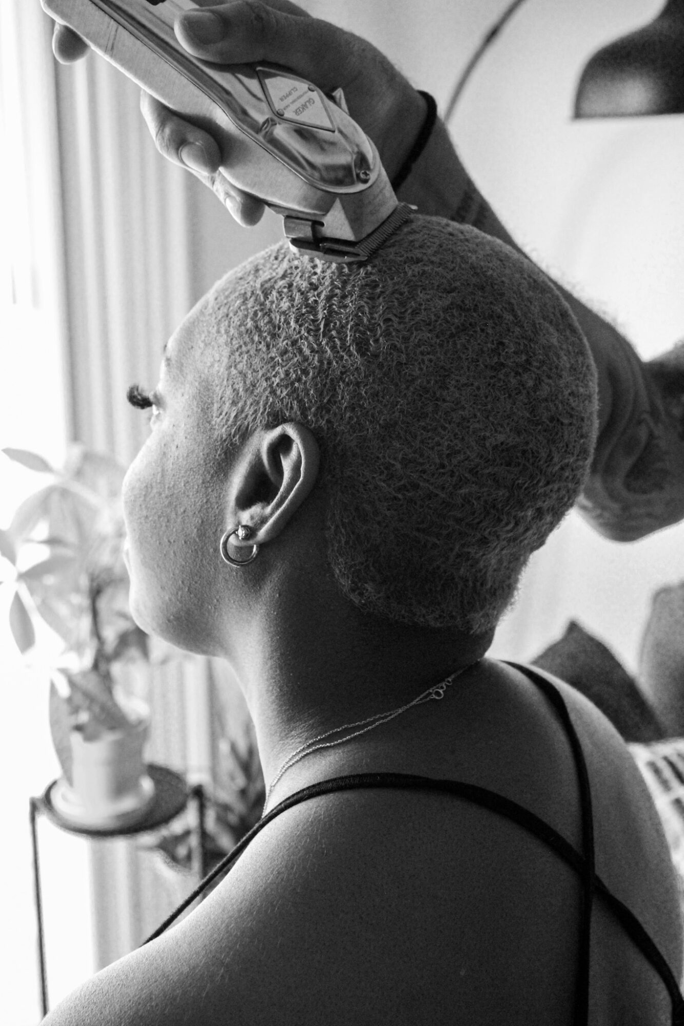 Person receiving a scalp treatment with a device, side view, indoors, natural light, plant in background