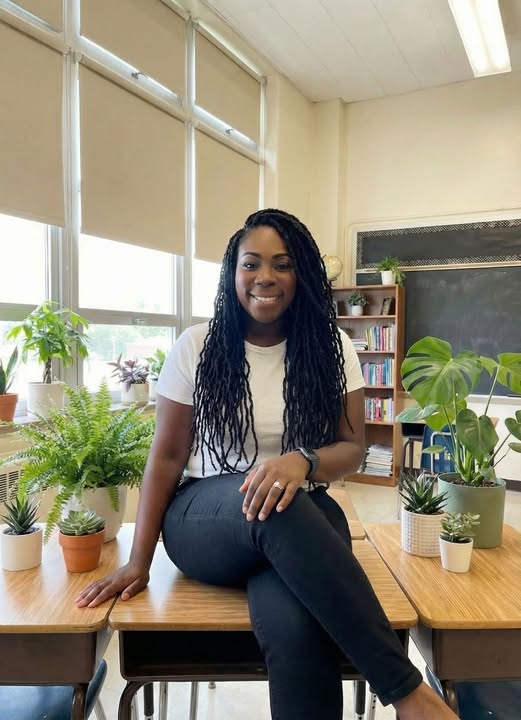 Young woman with long curly hair sitting at a desk in a classroom, surrounded by potted plants, smiling.