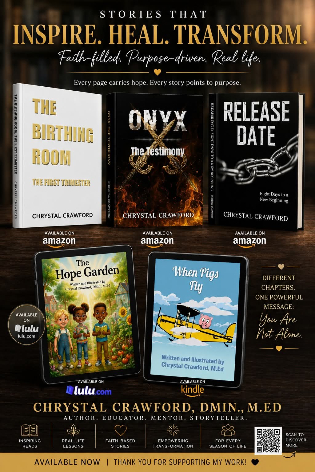 Book covers displayed with titles: 'The Birthright Room,' 'Onyx,' 'Release Date,' and 'Hope Garden,' with author and publisher information.