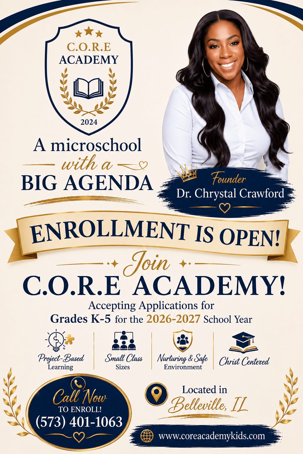 Smiling woman with long dark hair in white shirt, promotional poster for C.O.R.E Academy enrollment, with logo and contact info.