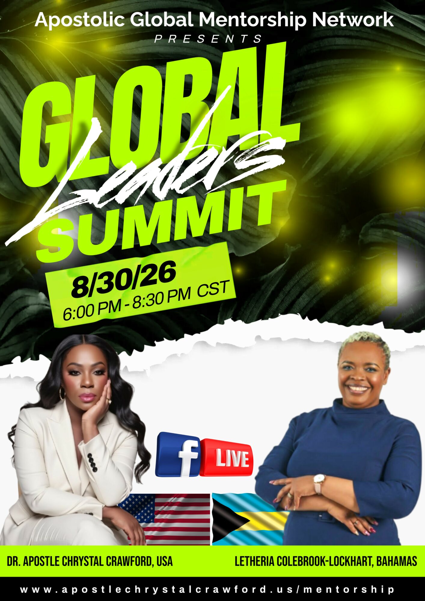 Event poster for Global Mentorship Summit on August 30, 2026, featuring two women, Facebook Live logo, and event details.
