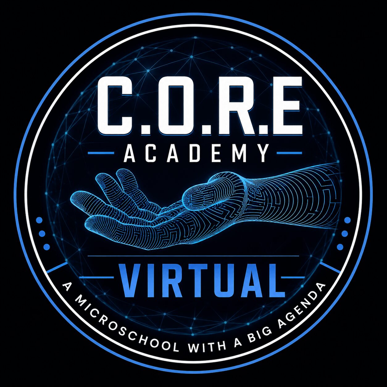 Logo with a digital hand reaching out, text 'C.O.R.E Academy Virtual', and a circular design, on a black background.