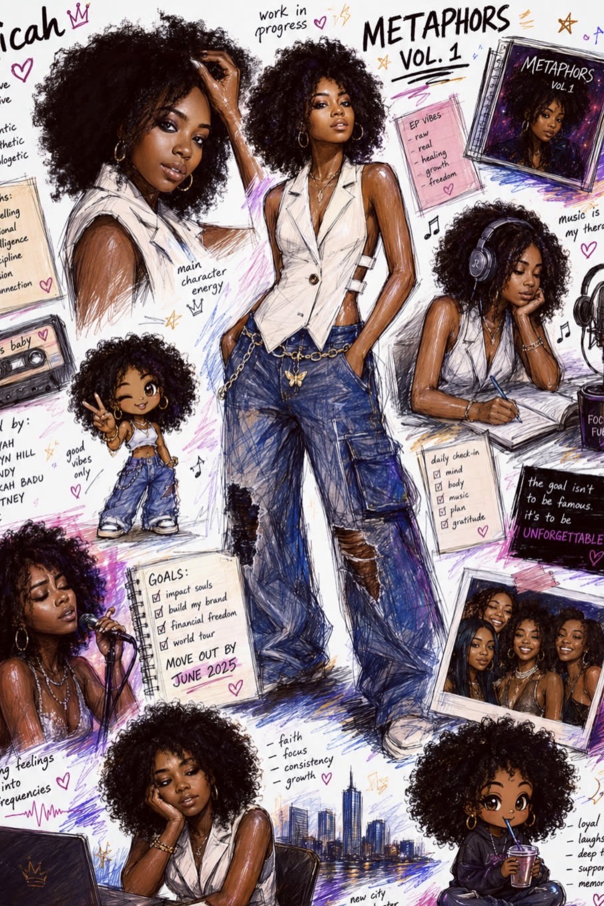 Collage of a woman with curly hair in various poses, surrounded by notes, drawings, and photos, including a city skyline.