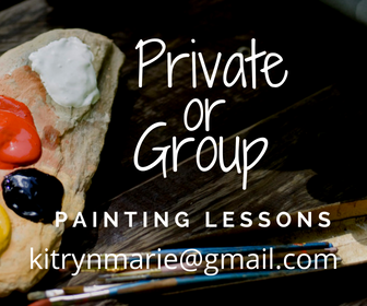 Painting supplies with text about private or group painting lessons and an email address, on a dark background.