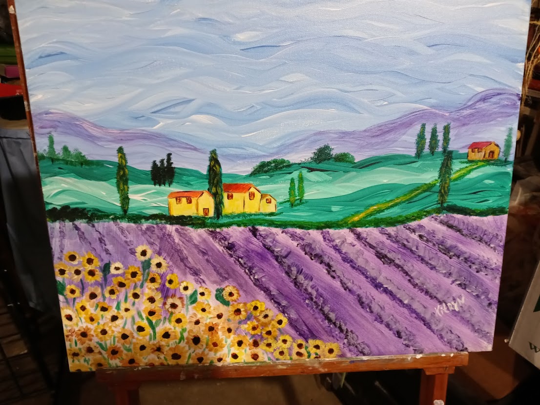Landscape painting of rolling green hills, purple fields, yellow houses, and a cloudy sky.