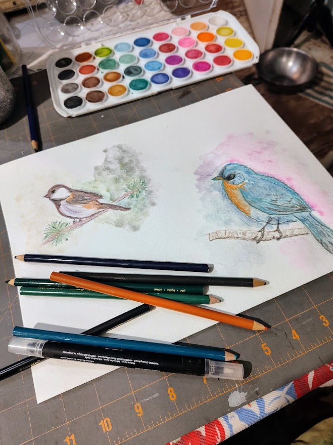 Two watercolor bird illustrations on paper, with watercolor paints, brushes, and a ruler on a workspace.