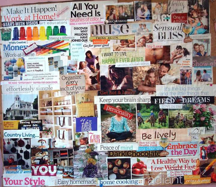 Collage of colorful magazine clippings with motivational phrases, images, and patterns, arranged in a chaotic, overlapping manner.