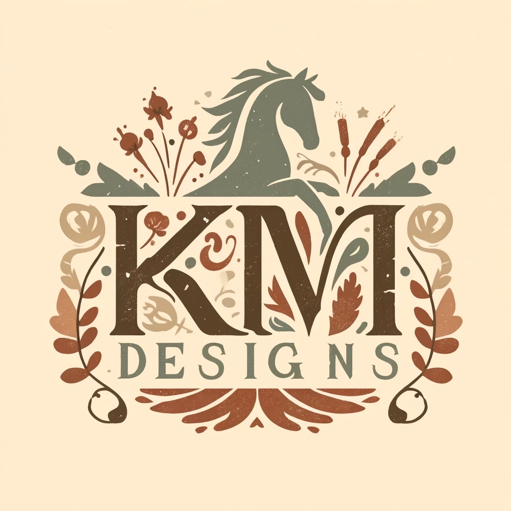Logo with a horse head, floral elements, and text 'K&M Designs' on a beige background.